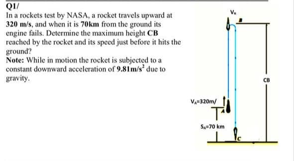 QI/
In a rockets test by NASA, a rocket travels upward at
320 m/s, and when it is 70km from the ground its
engine fails. Determine the maximum height CB
reached by the rocket and its speed just before it hits the
ground?
Note: While in motion the rocket is subjected to a
constant downward acceleration of 9.81m/s' due to
gravity.
CB
VA=320m/
SA=70 km
