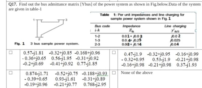 Q17. Find out the bus admittance matrix [Ybus] of the power system as shown in Fig.below.Data of the system
are given in table-1
Table 1: Per unit impedances and line charging for
sample power system shown in Fig. 1
Bus code
Impedance
Line charging
Yaz
i-k
1-2
1-3
0.01+ 0.03
0.0 4. 0.25
0.03 • 0.14
0.0 2
p.025
0.04
Fig. 1 3 bus sample power system.
2-3
0.57-j1.81 -0.32+j0.85 -0.168+j0.96
- 0.36+j0.65 0.56-j1.95 -0.31+j0.92
-0.2+j0.69 -0.41+j0.92 0.77-j1.85
0.47-j1.9 -0.32+j0.95 -0.16+j0.99
- 0.32+0.95 0.53-j1.9 -0.21+j0.98
-0.16+j0.98 -0.21+j0.98 0.37-j1.93
0.874-j1.71 -0.52+j0.75 -0.188+j0.93 O None of the above
- 0.39+0.65
0.93-j1.61
-0.31+j0.89
-0.19+j0.96 -0.21+j0.77 0.768-j2.95
