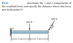 P3-6.
determine the x and y components of
the resultant force and specify the distance where this force
acts from point O.
500 N
400 N
-2 m-
2 m
