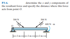 P3-6.
determine the x and y components of
the resultant force and specify the distance where this force
acts from point O.
500 N
500 N
600 N - m
