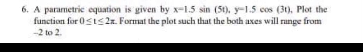 6. A parametrie equation is given by x=1.5 sin (5t), y=1.5 cos (3t), Plot the
function for 0Sts2r. Format the plot such that the both axes will range from
-2 to 2.
