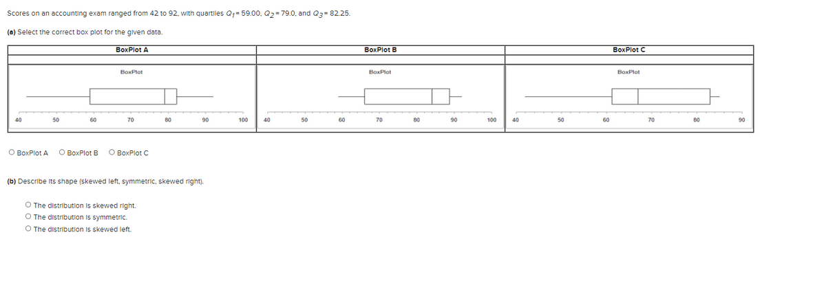 Scores on an accounting exam ranged from 42 to 92, with quartiles Q1= 59.00, Q2= 79.0, and Q3= 82.25.
(a) Select the correct box plot for the glven data
BoxPlot A
ВоXPlot B
BoxPlot C
ВохPlot
BoxPlot
BoxPlot
40
50
60
70
80
90
100
40
50
60
70
80
90
100
40
50
60
70
80
90
O BoxPlot A
O BoxPlot B
O BoxPlot C
(b) Describe Its shape (skewed left, symmetric, skewed right).
O The distribution is skewed right.
O The distribution Is symmetric.
O The distribution Is skewed left.
