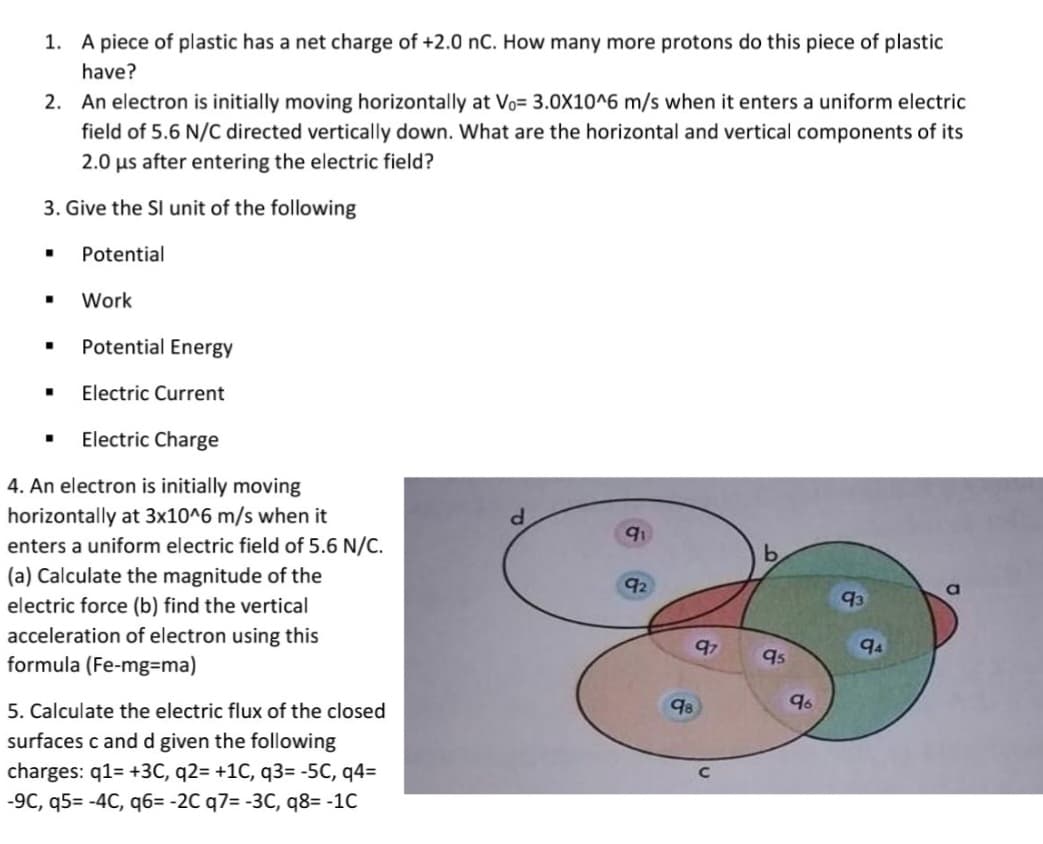 1. A piece of plastic has a net charge of +2.0 nC. How many more protons do this piece of plastic
have?
2. An electron is initially moving horizontally at Vo= 3.0X10^6 m/s when it enters a uniform electric
field of 5.6 N/C directed vertically down. What are the horizontal and vertical components of its
2.0 us after entering the electric field?
3. Give the Sl unit of the following
Potential
Work
Potential Energy
Electric Current
Electric Charge
4. An electron is initially moving
horizontally at 3x10^6 m/s when it
enters a uniform electric field of 5.6 N/C.
91
(a) Calculate the magnitude of the
92
electric force (b) find the vertical
93
acceleration of electron using this
formula (Fe-mg=ma)
97
94
q5
96
5. Calculate the electric flux of the closed
surfaces c and d given the following
charges: q1= +3C, q2= +1C, q3= -5C, q4=
-9C, q5= -4C, q6= -2C q7= -3C, q8= -1C
