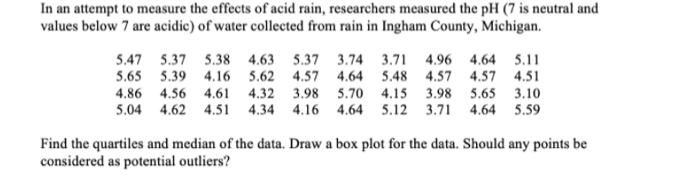 In an attempt to measure the effects of acid rain, researchers measured the pH (7 is neutral and
values below 7 are acidic) of water collected from rain in Ingham County, Michigan.
5.47 5.37 5.38 4.63 5.37 3.74 3.71 4.96 4.64 5.11
5.65 5.39 4.16 5.62 4.57 4.64 5.48 4.57 4.57 4.51
4.86 4.56 4.61
4.32 3.98 5.70 4.15 3.98 5.65 3.10
5.12 3.71
5.04 4.62 4.51 4.34
4.16 4.64
4.64 5.59
Find the quartiles and median of the data. Draw a box plot for the data. Should any points be
considered as potential outliers?
