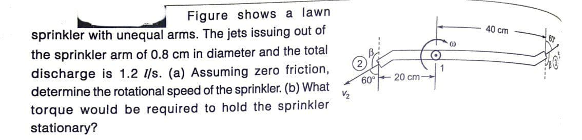 Figure shows a lawn
sprinkler with unequal arms. The jets issuing out of
40 cm
the sprinkler arm of 0.8 cm in diameter and the total
discharge is 1.2 l/s. (a) Assuming zero friction,
determine the rotational speed of the sprinkler. (b) What
torque would be required to hold the sprinkler
stationary?
60°
20 cm
V2
