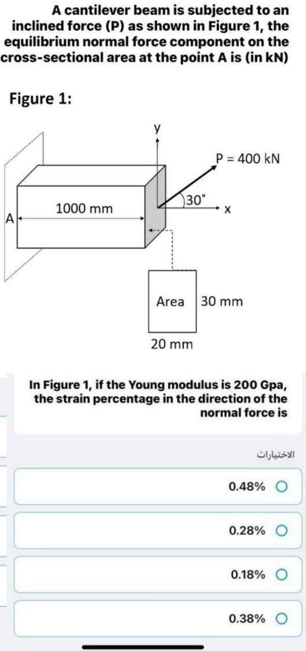 A cantilever beam is subjected to an
inclined force (P) as shown in Figure 1, the
equilibrium normal force component on the
cross-sectional area at the point A is (in kN)
Figure 1:
P = 400 kN
30°
1000 mm
Area
30 mm
20 mm
In Figure 1, if the Young modulus is 200 Gpa,
the strain percentage in the direction of the
normal force is
الاختیارات
0.48%
0.28%
0.18%
0.38%
