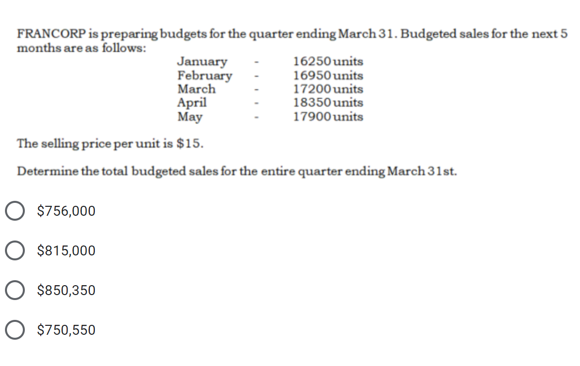 FRANCORP is preparing budgets for the quarter ending March 31. Budgeted sales for the next 5
months are as follows:
January
February
March
16250 units
16950 units
17200 units
18350 units
17900 units
April
May
The selling price per unit is $15.
Determine the total budgeted sales for the entire quarter ending March 31st.
O $756,000
O $815,000
O $850,350
O $750,550
