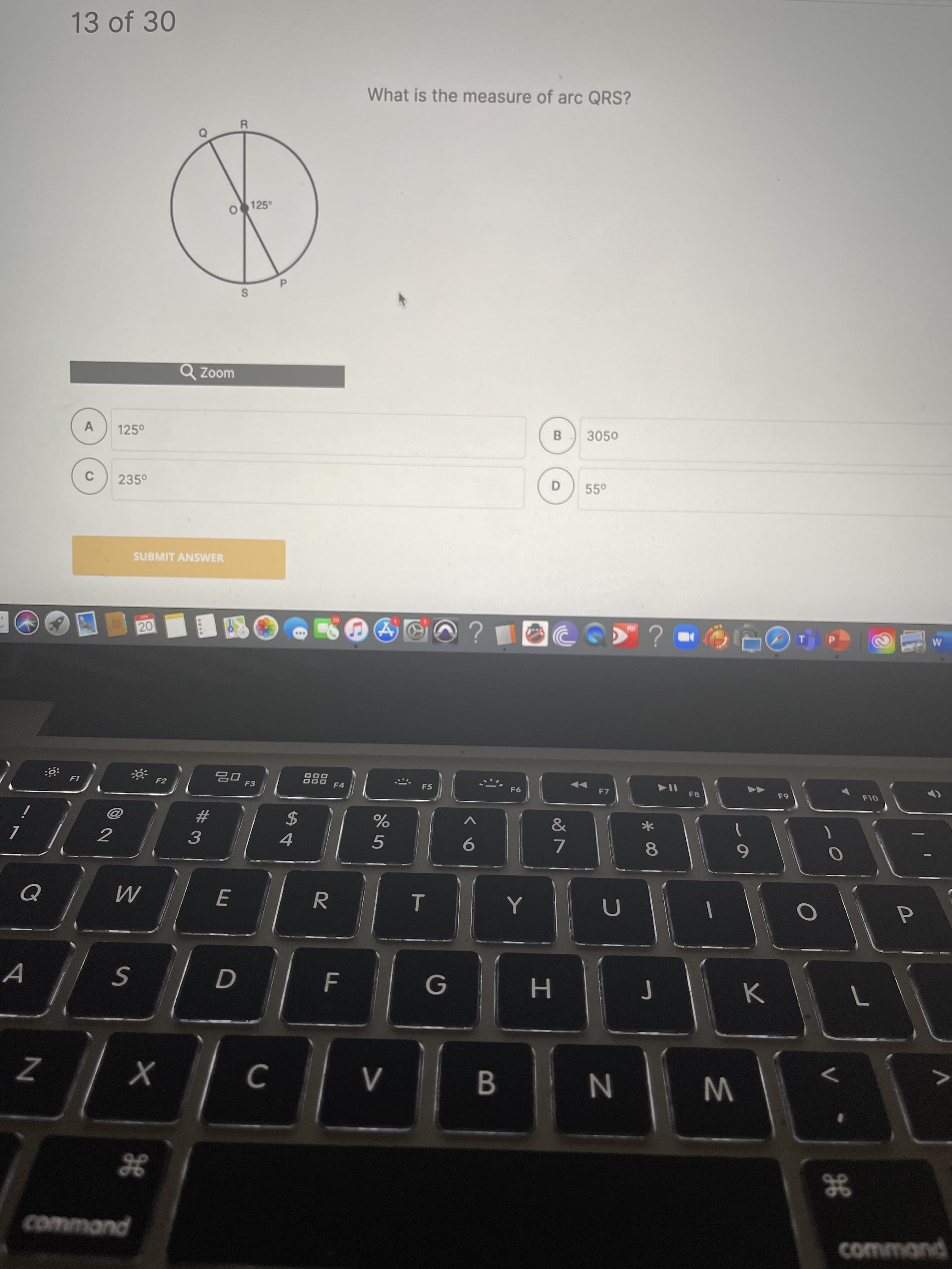 What is the measure of arc QRS?
R.
O125°
P.
%24
