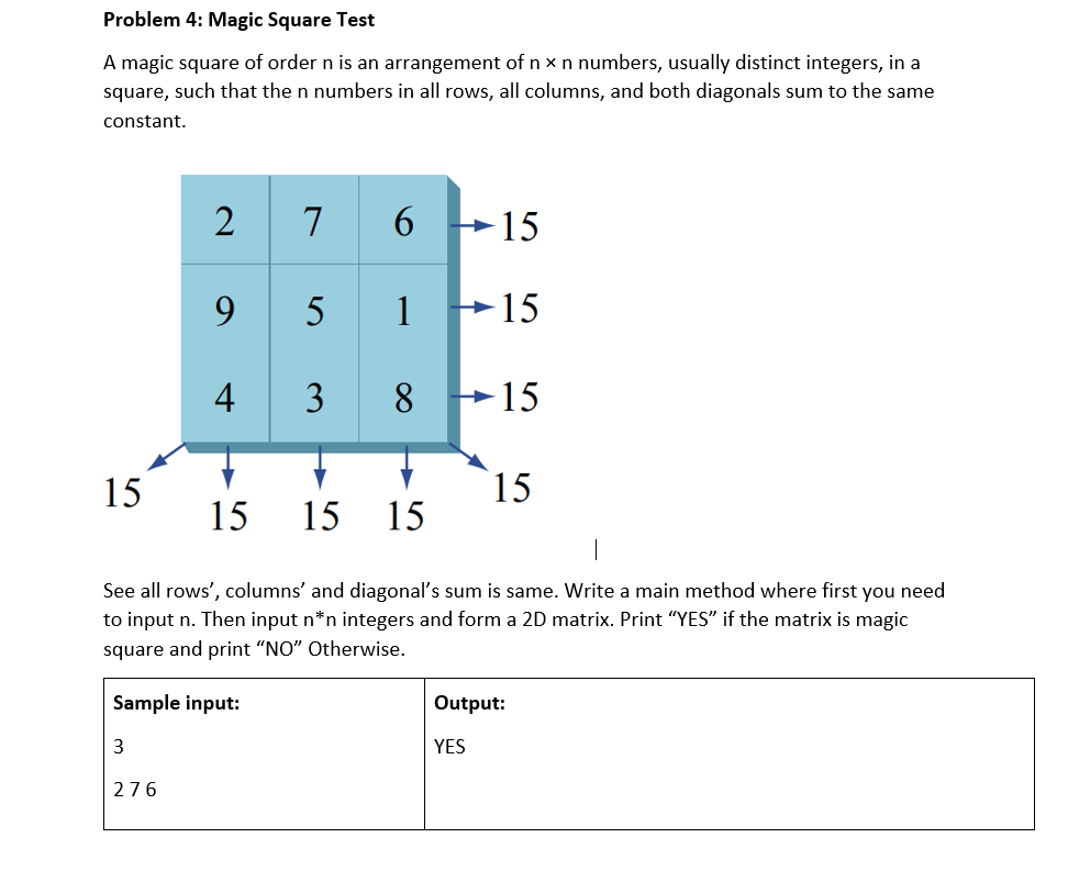 Problem 4: Magic Square Test
A magic square of order n is an arrangement of n xn numbers, usually distinct integers, in a
square, such that the n numbers in all rows, all columns, and both diagonals sum to the same
constant.
7
►15
9
5
1
-15
3
8
-15
15
15
15
15
15
See all rows', columns' and diagonal's sum is same. Write a main method where first you need
to input n. Then input n*n integers and form a 2D matrix. Print "YES" if the matrix is magic
square and print "NO" Otherwise.
Sample input:
Output:
3
YES
276
4-
