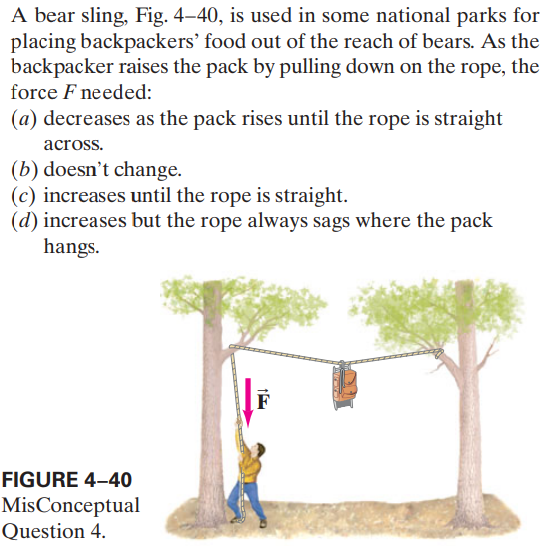 A bear sling, Fig. 4–40, is used in some national parks for
placing backpackers' food out of the reach of bears. As the
backpacker raises the pack by pulling down on the rope, the
force F needed:
(a) decreases as the pack rises until the rope is straight
across.
(b) doesn't change.
(c) increases until the rope is straight.
(d) increases but the rope always sags where the pack
hangs.
F
FIGURE 4–40
MisConceptual
Question 4.

