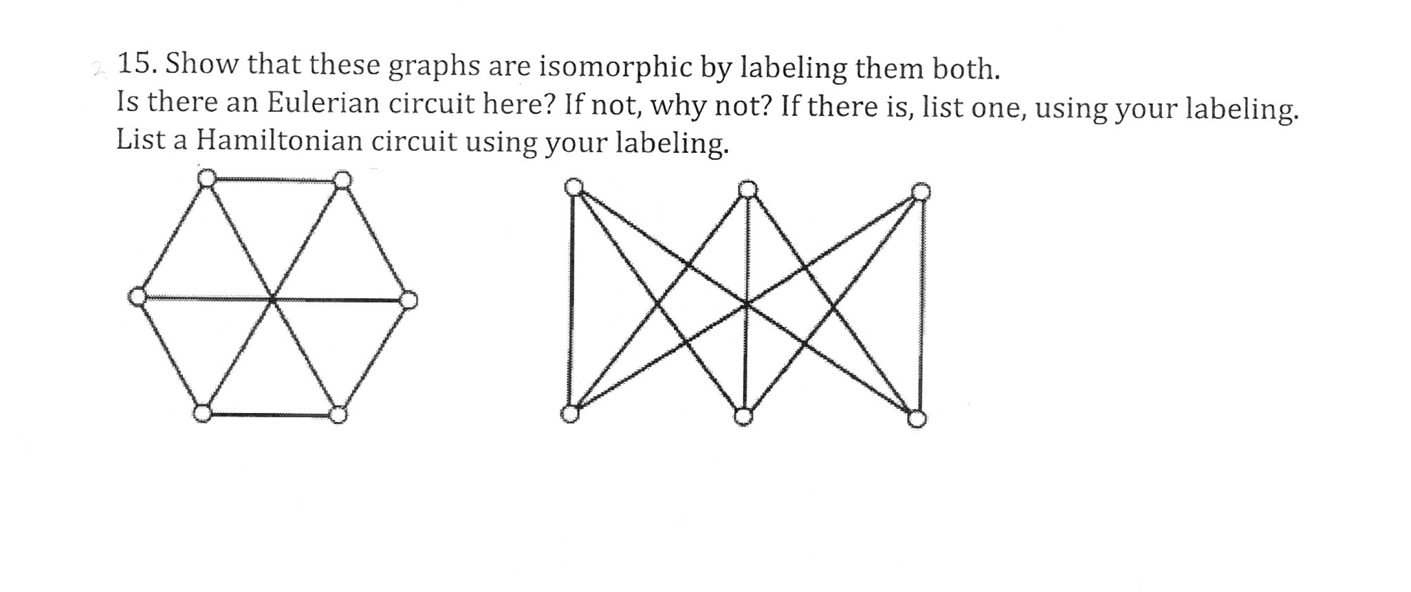 15. Show that these graphs are isomorphic by labeling them both.
Is there an Eulerian circuit here? If not, why not? If there is, list one, using your labeling.
List a Hamiltonian circuit using your labeling.
