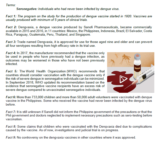 Terms:
Seronegative: Individuals who had never been infected by dengue virus.
Fact 1: The program on the study for the production of dengue vaccine started in 1920. Vaccines are
usually produced with minimum of 5 years of clinical trials.
Fact 2: Dengvaxia, a dengue vaccine produced by Sanofi Pharmaceuticals, became commercially
available in 2015 and 2016, in 11 countries: Mexico, the Philippines, Indonesia, Brazil, El Salvador, Costa
Rica, Paraguay, Guatemala, Peru, Thailand, and Singapore.
Fact 3: Trade named Dengvaxia, it is approved for use for those aged nine and older and can prevent
all four serotypes resulting from high efficacy rate in its trial use.
Fact 4: In 2017, the manufacturer recommended that the vaccine only
be used in people who have previously had a dengue infection, as
outcomes may be worsened in those who have not been previously
infected.
Fact 5: The World Health Organization (WHO) recommends that
countries should consider vaccination with the dengue vaccine only if
the risk of severe dengue in seronegative individuals can be minimized.
In September 2018, WHO updated its recommendation based on the
evidence that seronegative vaccine recipients have an excess risk of
severe dengue compared to unvaccinated seronegative individuals.
Fact 6: More than 733,000 children and more than 50,000 adult volunteers were vaccinated with dengue
vaccine in the Philippines. Some who received the vaccine had never been infected by the dengue virus
before.
Fact 7: It is still unknown if Sanofi did not inform the Philippine government of the precautions or that the
Phil government and doctors neglected to implement necessary precautions such as sero-testing before
vaccination.
Fact 8: Some claims that children who were vaccinated with the Dengvaxia died due to complications
caused by the vaccine. As of now, investigations and judicial trial is on progress.
Fact 9: No controversy on the dengvaxia vaccines in other countries where it was approved.

