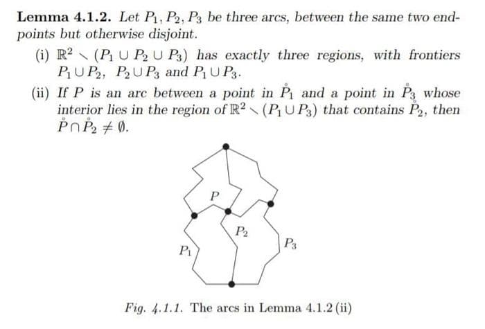 Lemma 4.1.2. Let P₁, P2, P3 be three arcs, between the same two end-
points but otherwise disjoint.
(i) R² (P₁ UP₂ U P3) has exactly three regions, with frontiers
P₁UP2, P2UP3 and P₁ UP3.
(ii) If P is an arc between a point in P₁ and a point in P3 whose
interior lies in the region of R2 (P₁UP3) that contains P2, then
POP₂ # 0.
P1
P2
P3
Fig. 4.1.1. The arcs in Lemma 4.1.2 (ii)