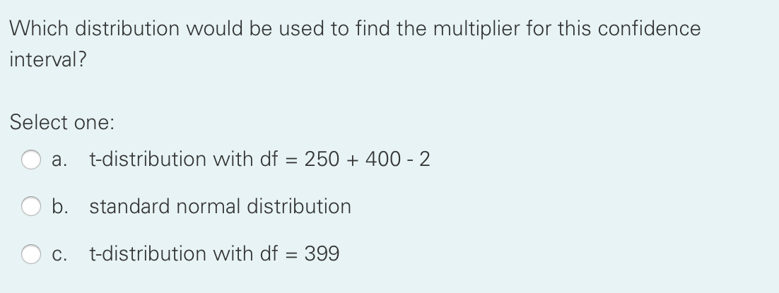 Which distribution would be used to find the multiplier for this confidence
interval?
Select one:
а.
t-distribution with df = 250 + 400 - 2
%3D
b. standard normal distribution
С.
t-distribution with df = 399
