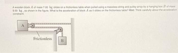 A wooden block A of mass 7.00 kg slides on a frictionless table when pulled using a massless atring and pulley array by a hanging box B of mass
9.00 kg , as shown in the figure. What is the acceloration of block A as it slidos on the frictionless table? Hint: Think carefully about the acceleration
constraint.
A
Frictionless
B.
