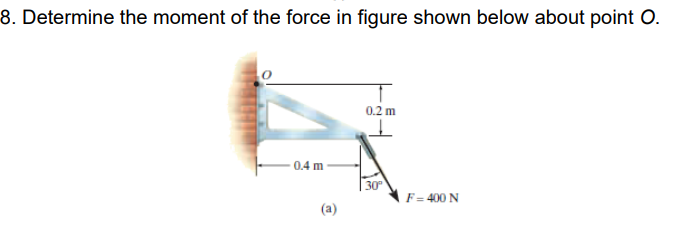 8. Determine the moment of the force in figure shown below about point O.
0.4 m
(a)
0.2 m
ㅗ
30⁰
F = 400 N