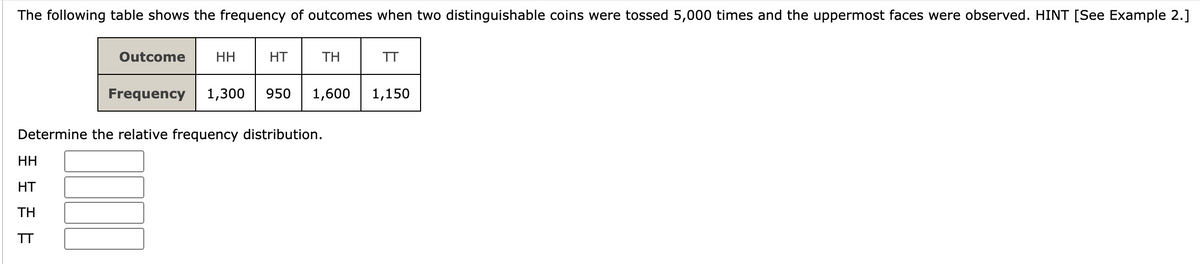 The following table shows the frequency of outcomes when two distinguishable coins were tossed 5,000 times and the uppermost faces were observed. HINT [See Example 2.]
Outcome
HH
HT
ΤΗ
TT
HH
HT
ΤΗ
Determine the relative frequency distribution.
TT
Frequency 1,300 950 1,600 1,150