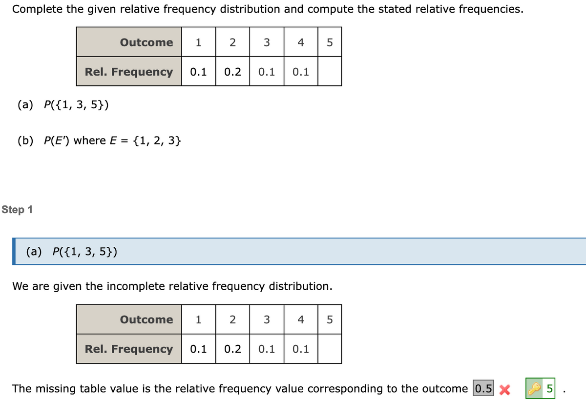 Complete the given relative frequency distribution and compute the stated relative frequencies.
(a) P({1, 3, 5})
Step 1
Outcome 1
Rel. Frequency 0.1 0.2
(b) P(E) where E = {1, 2, 3}
(a) P({1, 3, 5})
2
Outcome 1
0.1
2
4
We are given the incomplete relative frequency distribution.
3
0.1
5
4 5
Rel. Frequency 0.1 0.2 0.1 0.1
The missing table value is the relative frequency value corresponding to the outcome 0.5 X
5