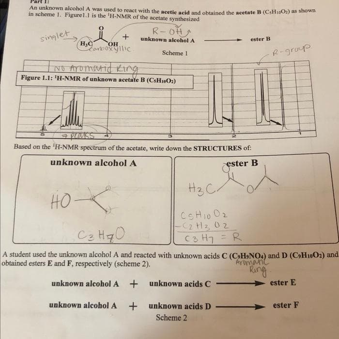 Part 1:
An unknown alcohol A was used to react with the acetic acid and obtained the acetate B (CsH1002) as shown
in scheme 1. Figure 1.1 is the 'H-NMR of the acetate synthesized
singlet
H₂C OH,
Carboxyllic.
+
I NO Aromatic King
Figure 1.1: 'H-NMR of unknown acetate B (CsH1002)
но-х
R-OH^
unknown alcohol A
Scheme 1
7 Plaks
Based on the 'H-NMR spectrum of the acetate, write down the STRUCTURES of:
unknown alcohol A
ester B
unknown alcohol A
H3 C
CSH1002
-C2 H₂ 02
C3 HqO
A student used the unknown alcohol A and reacted with unknown acids C (C9H9NO4) and D (C9H1002) and
obtained esters E and F, respectively (scheme 2).
Aromatic
unknown alcohol A
C3 H7 = R
ester B
+ unknown acids C
+ unknown acids D-
Scheme 2
R-group.
Ring.
ester E
ester F