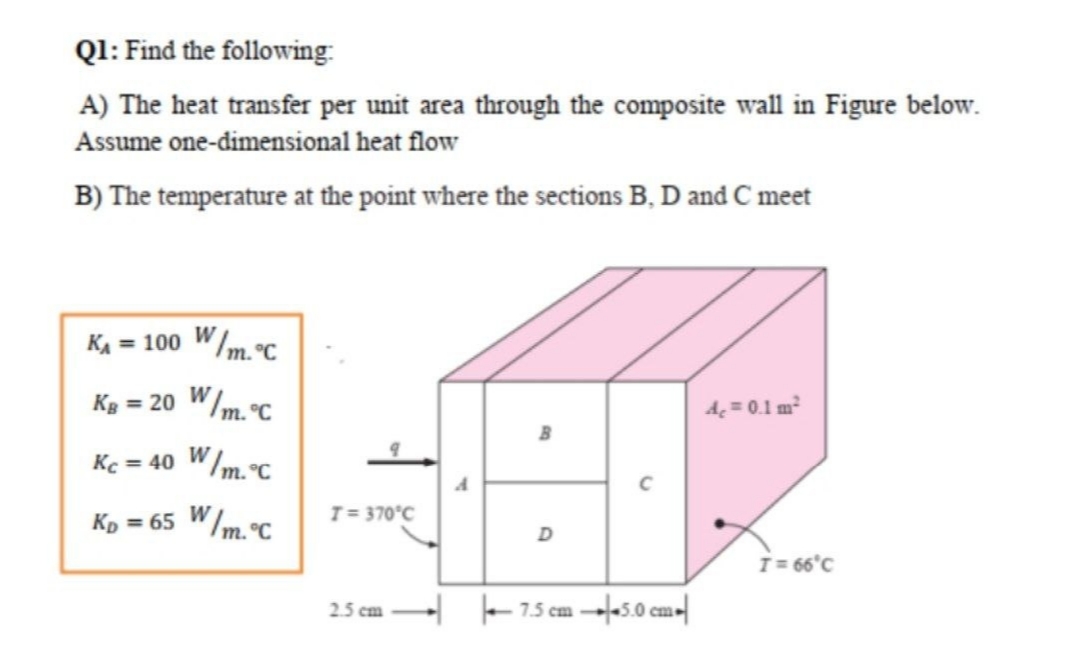 Ql: Find the following:
A) The heat transfer per unit area through the composite wall in Figure below.
Assume one-dimensional heat flow
B) The temperature at the point where the sections B, D and C meet
KA = 100 W/m.°C
Kg
= 20 W/m. °C
A = 0.1 m?
Kc = 40
W/m.°C
Kp = 65 W/m.°C
T= 370°C
T= 66°C
H F 75 cm →fa5.0 cm-|
2.5 cm
