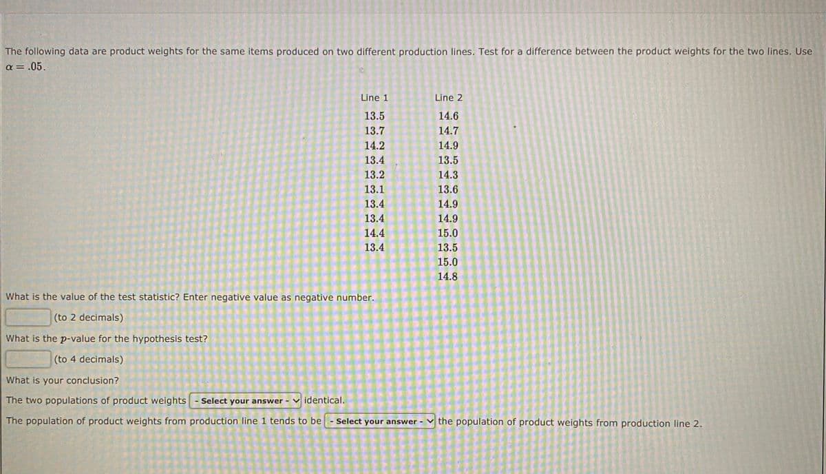 The following data are product weights for the same items produced on two different production lines. Test for a difference between the product weights for the two lines. Use
a = .05.
%3D
Line 1
Line 2
13.5
14.6
13.7
14.7
14.2
14.9
13.4
13.5
13.2
14.3
13.1
13.6
13.4
14.9
13.4
14.9
14.4
15.0
13.4
13.5
15.0
14.8
What is the value of the test statistic? Enter negative value as negative number.
(to 2 decimals)
What is the p-value for the hypothesis test?
(to 4 decimals)
What is your conclusion?
The two populations of product weights - Select your answer - v identical.
The population of product weights from production line 1 tends to be - Select your answer - V the population of product weights from production line 2.
