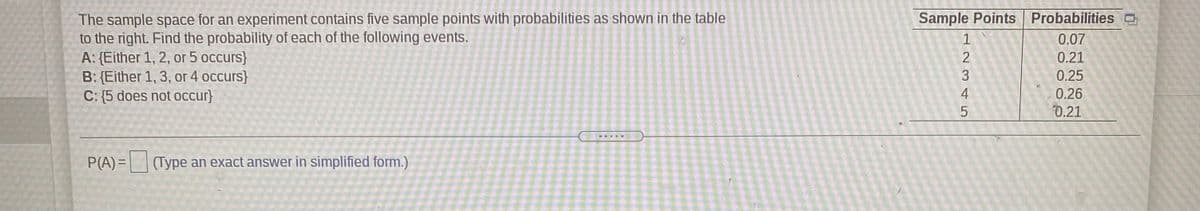 The sample space for an experiment contains five sample points with probabilities as shown in the table
to the right. Find the probability of each of the following events.
A: {Either 1, 2, or 5 occurs}
B: {Either 1, 3, or 4 occurs}
C: (5 does not occur}
Sample Points Probabilities O
0.07
0.21
0.25
0.26
0.21
P(A) =
(Type an exact answer in simplified form.)
123 45
