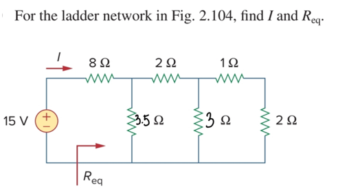 For the ladder network in Fig. 2.104, find I and Rq:
12
15 V (+
3.50
33 n
2Ω
Reg
