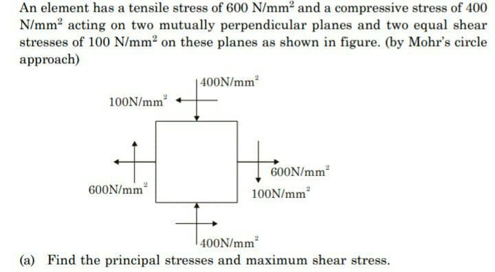 An element has a tensile stress of 600 N/mm2 and a compressive stress of 400
N/mm2 acting on two mutually perpendicular planes and two equal shear
stresses of 100 N/mm2 on these planes as shown in figure. (by Mohr's circle
аpproach)
400N/mm
100N/mm
600N/mm
600N/mm?
100N/mm
400N/mm
(a) Find the principal stresses and maximum shear stress.
