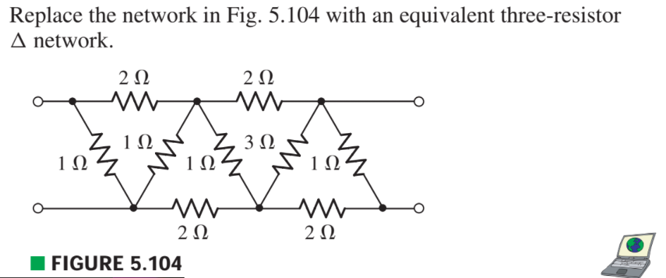 Replace the network in Fig. 5.104 with an equivalent three-resistor
A network.
2 N
2Ω
1Ω
3Ω
1Ω
104
2Ω
2Ω
FIGURE 5.104
