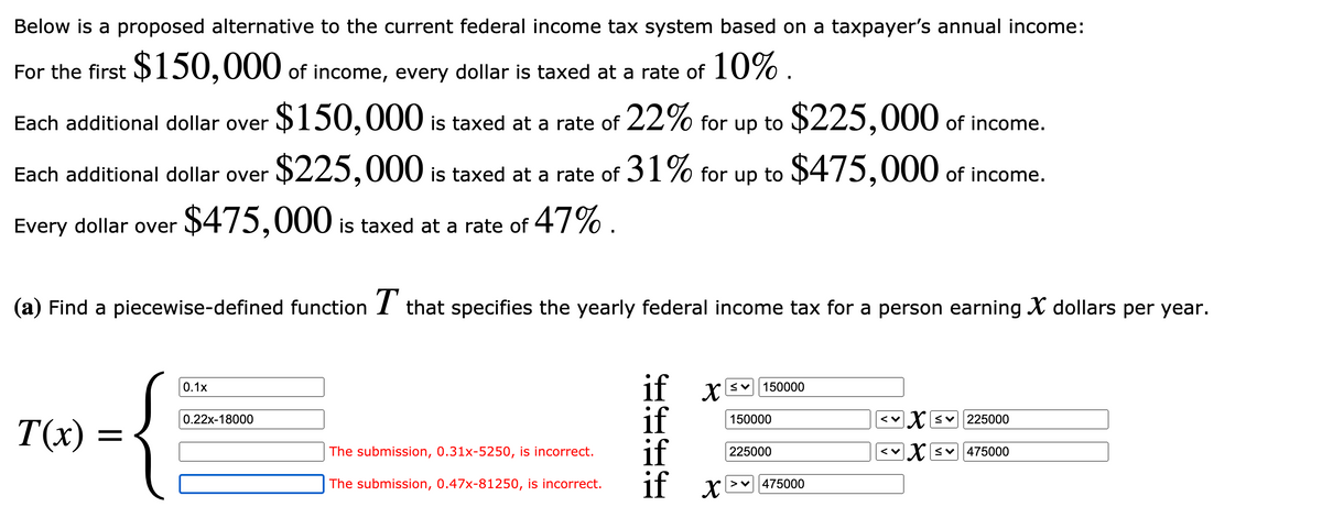 Below is a proposed alternative to the current federal income tax system based on a taxpayer's annual income:
For the first $150,000 of income, every dollar is taxed at a rate of 10% .
Each additional dollar over
$150,000 is taxed at a rate of 22% for up to $225,000 of income.
Each additional dollar over
$225,000 is taxed at a rate of 31% for up to $475,000 of income.
$475,000 is taxed at a rate of
47% .
Every dollar over
(a) Find a piecewise-defined function 1 that specifies the yearly federal income tax for a person earning X dollars per year.
if
if
if
if x
0.1x
150000
0.22x-18000
150000
225000
T(x) =
The submission, 0.31x-5250, is incorrect.
225000
475000
The submission, 0.47x-81250, is incorrect.
475000
