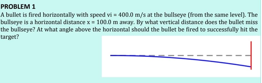 PROBLEM 1
A bullet is fired horizontally with speed vi = 400.0 m/s at the bullseye (from the same level). The
bullseye is a horizontal distance x = 100.0 m away. By what vertical distance does the bullet miss
the bullseye? At what angle above the horizontal should the bullet be fired to successfully hit the
target?
