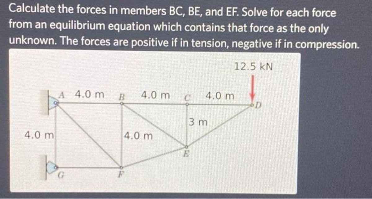 Calculate the forces in members BC, BE, and EF. Solve for each force
from an equilibrium equation which contains that force as the only
unknown. The forces are positive if in tension, negative if in compression.
12.5 kN
A 4.0 m
B
4.0 m
4.0 m
3 m
4.0 m
4.0 m
