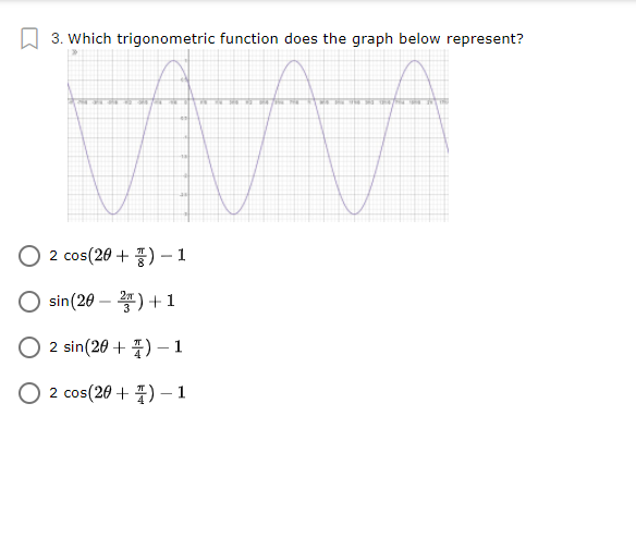 3. Which trigonometric function does the graph below represent?
○ 2 cos(20+ 좋) -1
sin(20 – ) +1
2 sin(20 + 4) – 1
|
O 2 cos(20 + 4) – 1
