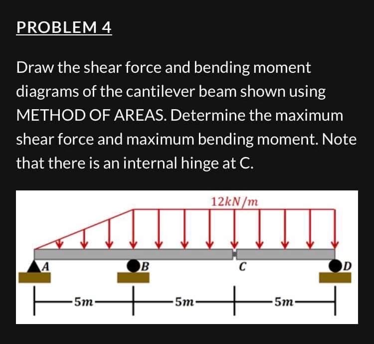 PROBLEM 4
Draw the shear force and bending moment
diagrams of the cantilever beam shown using
METHOD OF AREAS. Determine the maximum
shear force and maximum bending moment. Note
that there is an internal hinge at C.
A
5m
B
5m
12kN/m
C
5m-
D