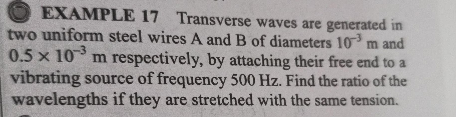EXAMPLE 17 Transverse waves are generated in
two uniform steel wires A and B of diameters 10 m and
0.5 x 10 m respectively, by attaching their free end to a
vibrating source of frequency 500 Hz. Find the ratio of the
wavelengths if they are stretched with the same tension.
-3
