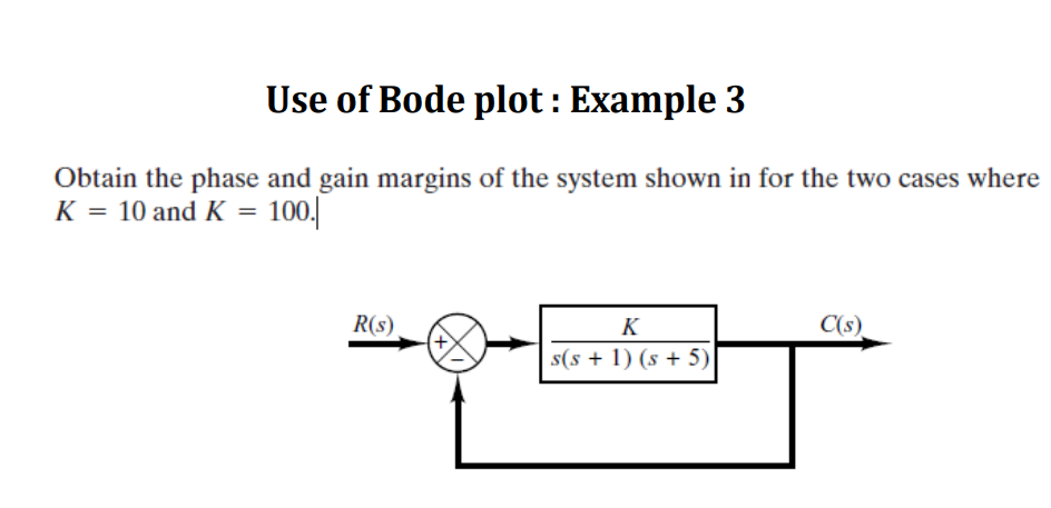 Use of Bode plot : Example 3
Obtain the phase and gain margins of the system shown in for the two cases where
K = 10 and K = 100.
R(s)
K
C(s)
s(s + 1) (s + 5)
