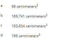 10
b
с
d
98 centimeters²
169.741 centimeters²
193.654
centimeters²
196 centimeters²