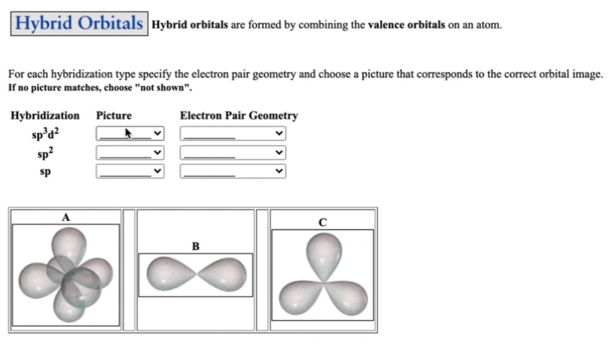 Hybrid Orbitals Hybrid orbitals are formed by combining the valence orbitals on an atom.
For each hybridization type specify the electron pair geometry and choose a picture that corresponds to the correct orbital image.
If no pieture matches, choose "not shown".
Hybridization Picture
Electron Pair Geometry
sp'd?
sp?
sp
