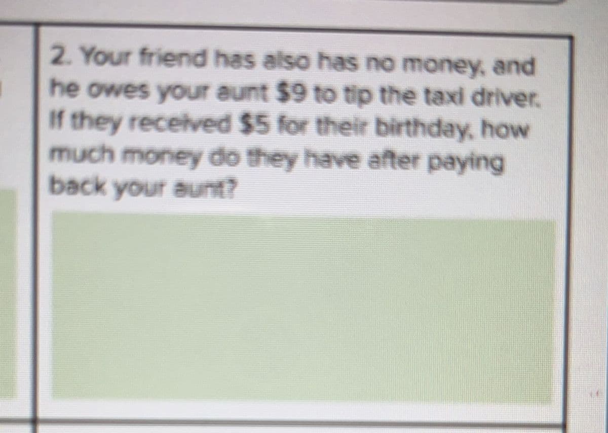 2. Your friend has also has no money, and
he owes your aunt $9 to tip the taxi driver.
If they received $5 for their birthday, how
much money do they have after paying
back your aunt?