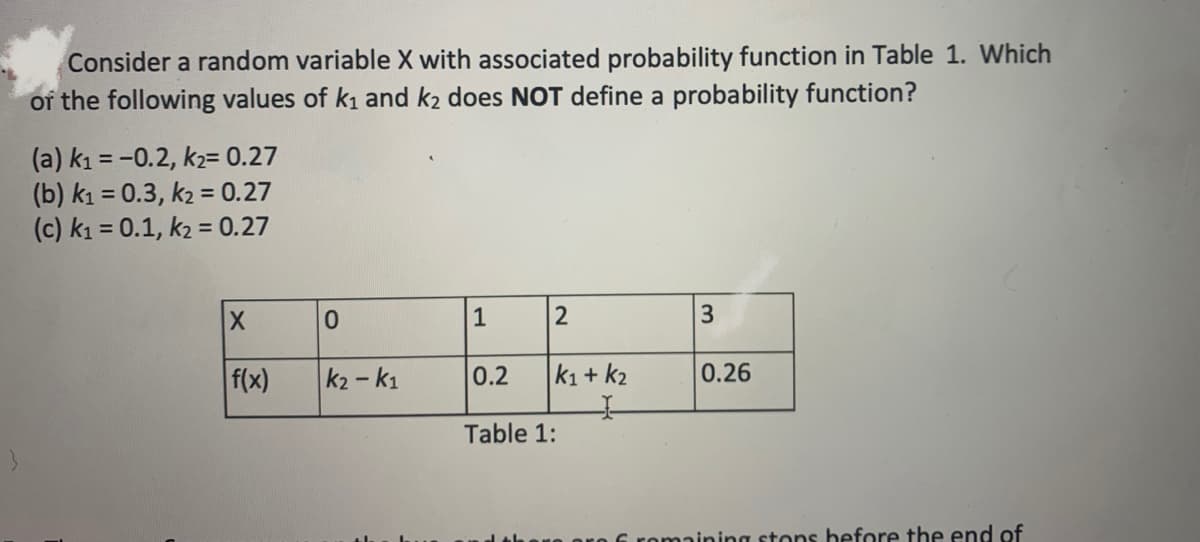 Consider a random variable X with associated probability function in Table 1. Which
of the following values of k1 and k2 does NOT define a probability function?
(a) k1 = -0.2, k2= 0.27
(b) kı = 0.3, k2 = 0.27
(c) k1 = 0.1, k2 = 0.27
1
2
3
f(x)
k2 -k1
0.2
k1 + k2
0.26
Table 1:
nf romaining stons hefore the end of
