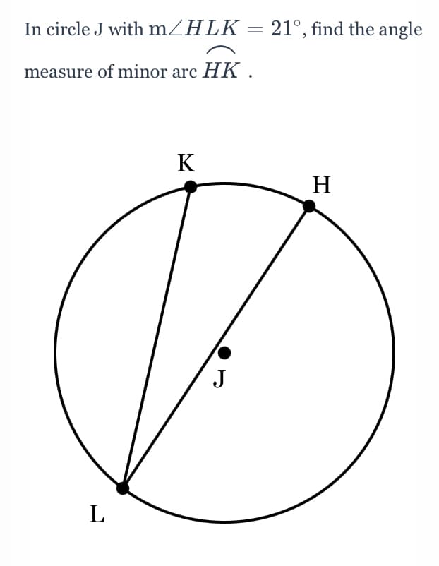 In circle J with mZHLK = 21°, find the angle
measure of minor arc HK .
K
H
J
L
