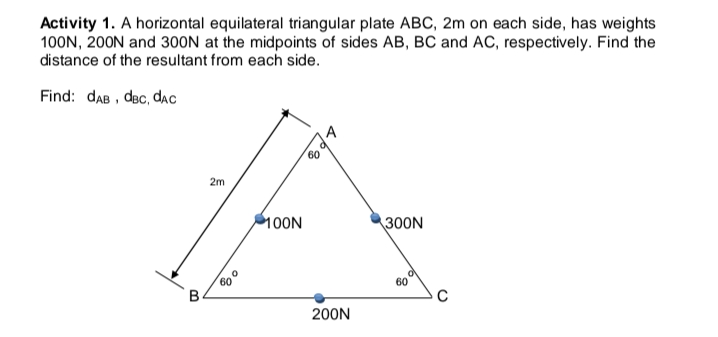 Activity 1. A horizontal equilateral triangular plate ABC, 2m on each side, has weights
100N, 200N and 300N at the midpoints of sides AB, BC and AC, respectively. Find the
distance of the resultant from each side.
Find: daB , dec, dac
14
60
2m
100N
300N
60
B
60
C
200N
