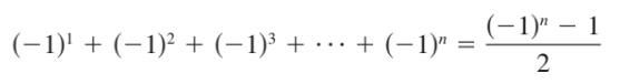 (-1)" – 1
(-1)' + (-1)² + (-1)³ + · … + (-1)" =
2
