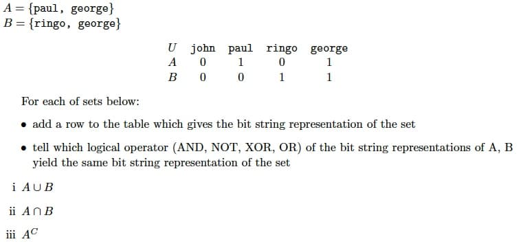 A = {paul, george}
B= {ringo, george}
U john paul
ringo george
A
1
1
B 0
1
1
For each of sets below:
• add a row to the table which gives the bit string representation of the set
• tell which logical operator (AND, NOT, XOR, OR) of the bit string representations of A, B
yield the same bit string representation of the set
i AUB
ii ANB
iii AC
