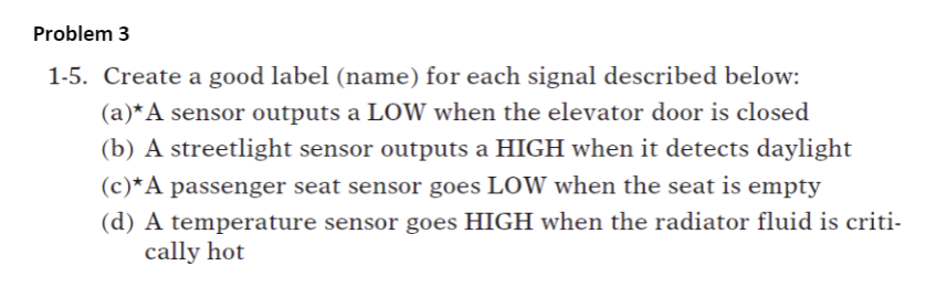 Problem 3
1-5. Create a good label (name) for each signal described below:
(a)*A sensor outputs a LOW when the elevator door is closed
(b) A streetlight sensor outputs a HIGH when it detects daylight
(c)*A passenger seat sensor goes LOW when the seat is empty
(d) A temperature sensor goes HIGH when the radiator fluid is criti-
cally hot
