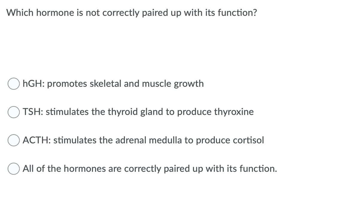 Which hormone is not correctly paired up with its function?
O hGH: promotes skeletal and muscle growth
TSH: stimulates the thyroid gland to produce thyroxine
ACTH: stimulates the adrenal medulla to produce cortisol
O All of the hormones are correctly paired up with its function.
