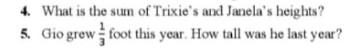 4. What is the sum of Trixie's and Janela's heights?
5. Gio grew foot this year. How tall was he last year?
