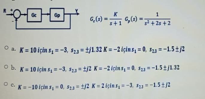 Gc
Gp
K
1
G,(s) = -
G,(6) =
%3!
s+1
s2 + 2s +2
O a. K= 10 için s, = -3, s23 = tj1.32 K = -2 içins, = 0, s23 = -1.5±j2
%3!
O b. K = 10 için s =-3, S23 = tj2 K = -2 için s, = 0, SS23 = -1.5tj1.32
O C. K = -10 için s, = 0, s23 = tj2 K = 2 için s = -3, s23 = -1.5tj2
%3D
