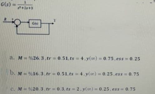 G(s)
+2s+3
a. M %26. 3, tr = 0.51, ts = 4, y(c0) = 0.75, ess 0.25
b. M = %16. 3. tr 0.51.ts = 4, y(0) = 0.25.ess 0. 75
!!
C. M %20.3.tr 0.3, ts 2,y(o0) = 0.25, ess = 0.75
