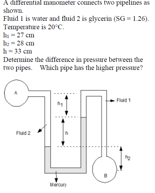 A differential manometer connects two pipelines as
shown.
Fluid 1 is water and fluid 2 is glycerin (SG = 1.26).
Temperature is 20°C.
hi = 27 cm
h2 = 28 cm
h = 33 cm
Determine the difference in pressure between the
two pipes. Which pipe has the higher pressure?
Fluid 1
Fluid 2
B
Mercury
